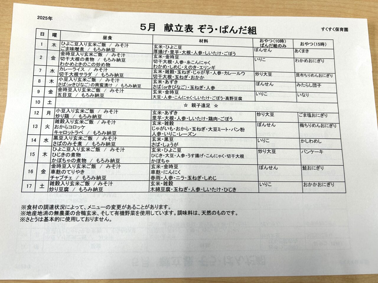 薩摩川内市すくすく保育園の献立